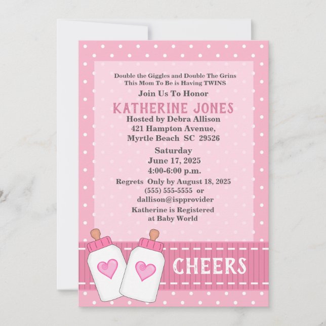 Twin Girls Cheers Milk Bottles Baby Shower Invitation (Front)