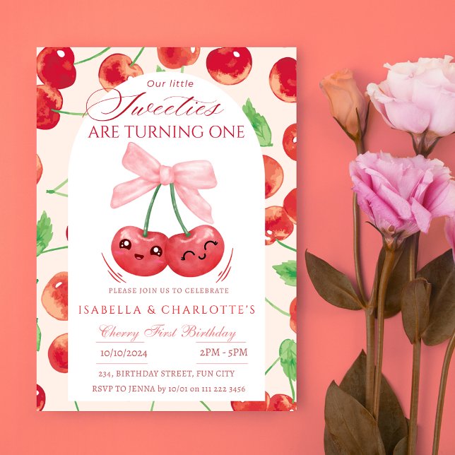 Twin Girls Cherry First 1st Any Age Birthday Invitation (Twin Girls Cherry First 1st Any Age Birthday Invitation)