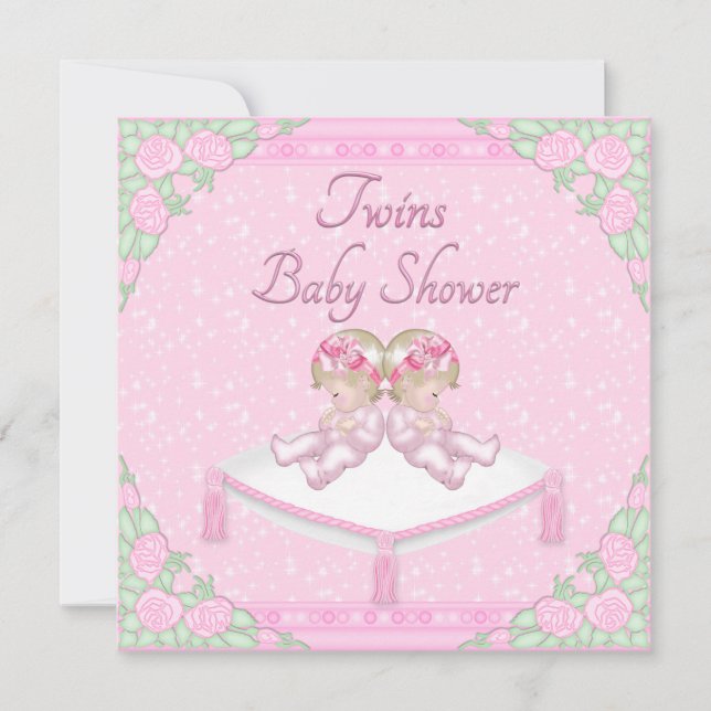 Twin Girls, Cushion and Roses Pink Baby Shower Invitation (Front)