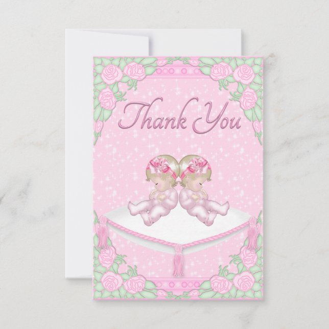 Twin Girls, Cushion and Roses Pink Thank You (Front)