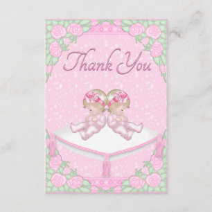 Twin Girls, Cushion and Roses Pink Thank You Card