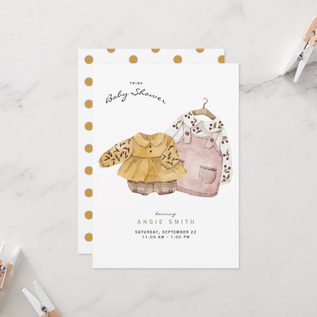 Twin Girls Cute Clothes Baby Shower Invitation (Front/Back In Situ)