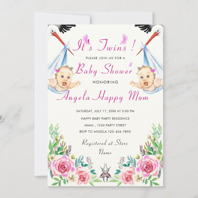 Twin Girls Cute Funny Stork Baby Shower Invitation (Front)