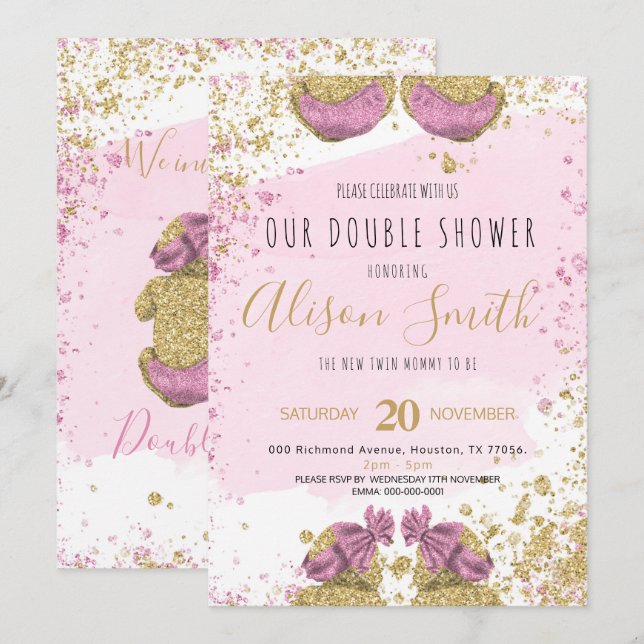 Twin girls cute glitter gold pink Baby Shower Announcement (Front/Back)