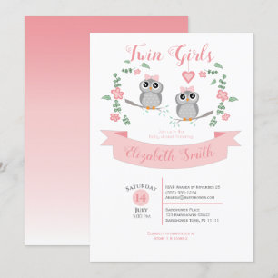 Twin Girls Cute owls Baby shower Invitation