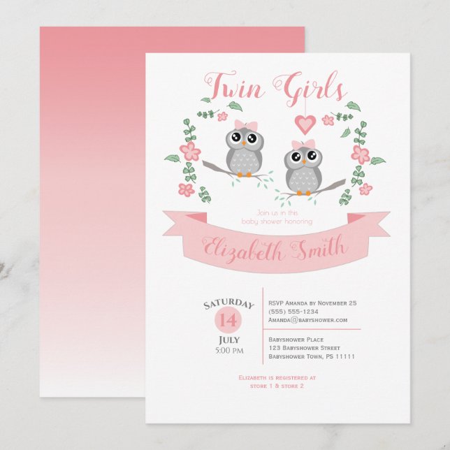 Twin Girls Cute owls babyshower Invitation (Front/Back)