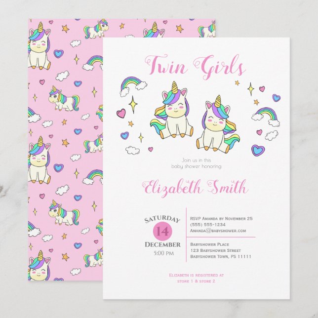 Twin Girls Cute unicorn baby shower Invitation (Front/Back)
