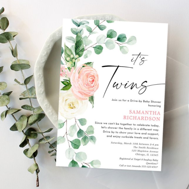 Twin Girls Drive by baby shower pink greenery Invitation (Creator Uploaded)