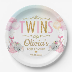 Twin Girls Elephant Baby Shower Sprinkle Whimsical Paper Plate