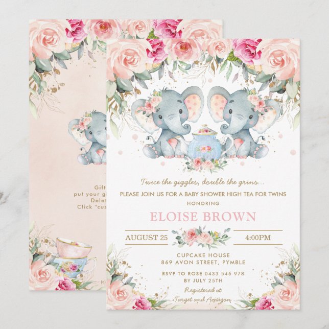 Twin Girls Elephant Blush Floral Tea Baby Shower Invitation (Front/Back)