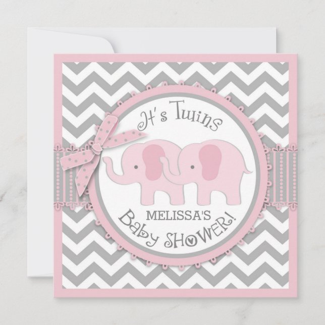 Twin Girls Elephants Chevron Print Baby Shower Invitation (Front)