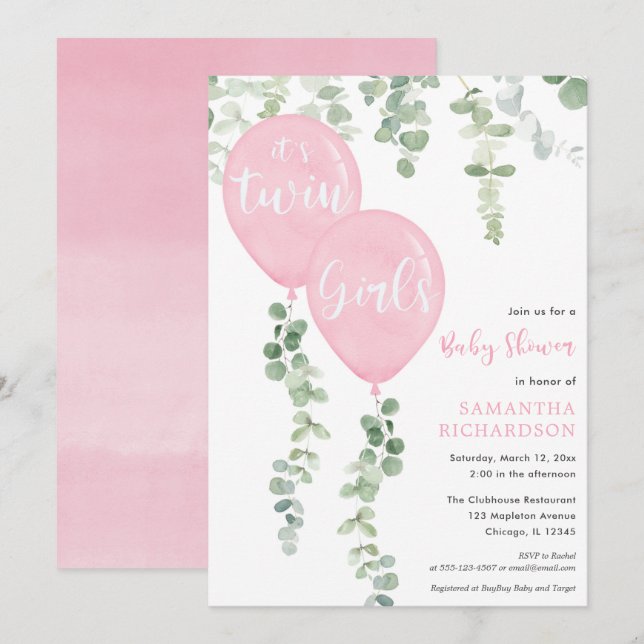Twin girls eucalyptus pink balloons baby shower invitation (Front/Back)