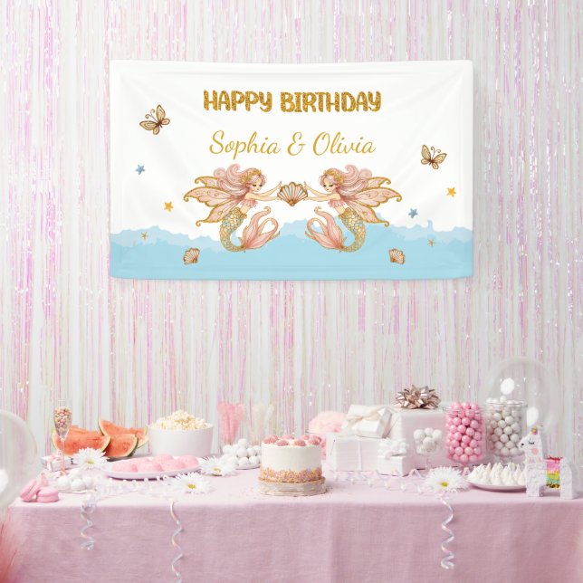 Twin Girls' Fairy Mermaid Birthday Banner (Party)