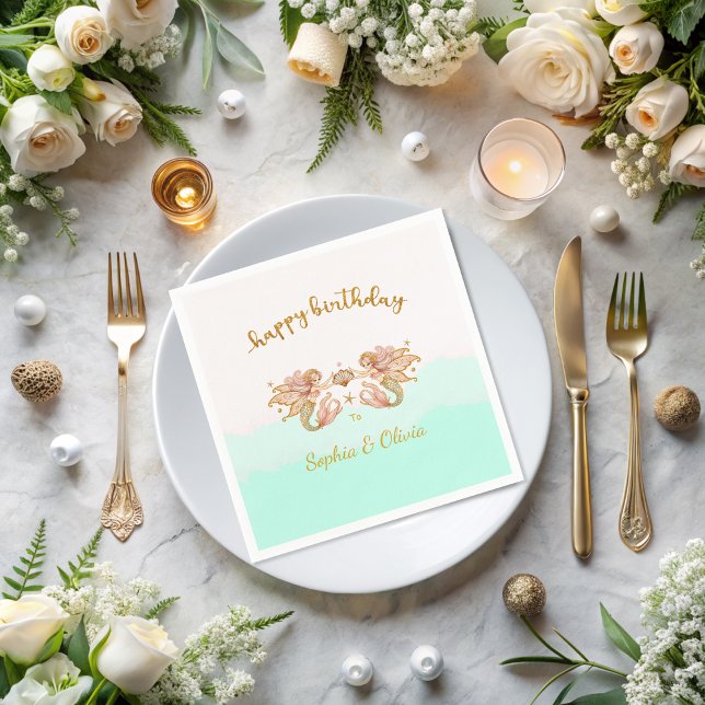 Twin Girls' Fairy Mermaid Birthday Napkin (Creator Uploaded)