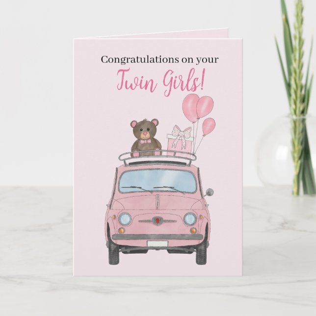 Twin Girls Fiat 500 Congratulations Card (Front)