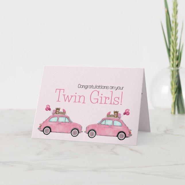 Twin Girls Fiat 500 Congratulations Card (Front)