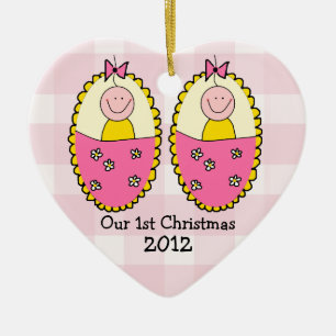 Twin Girls First Christmas Pink Ceramic Tree Decoration