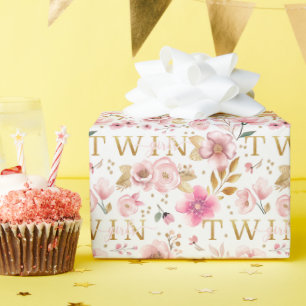 Twin Girls Floral Watercolor Baby Shower Wrapping Paper