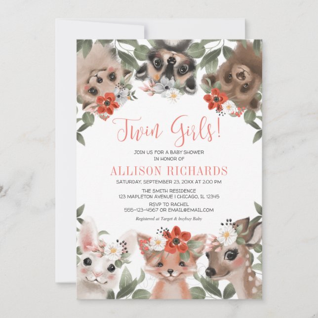 Twin girls floral woodland animals baby shower invitation (Front)