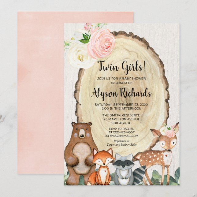 Twin girls forest friends woodland baby shower invitation (Front/Back)
