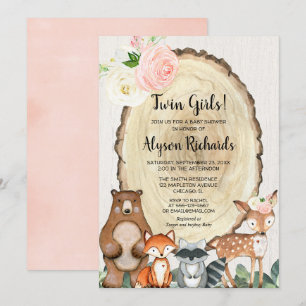 Twin girls forest friends woodland baby shower invitation