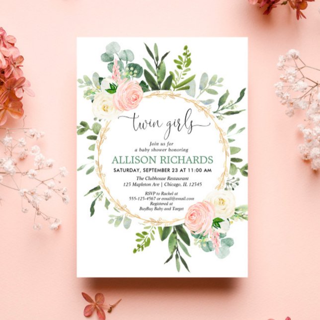 Twin girls greenery pink gold floral baby shower invitation (Creator Uploaded)