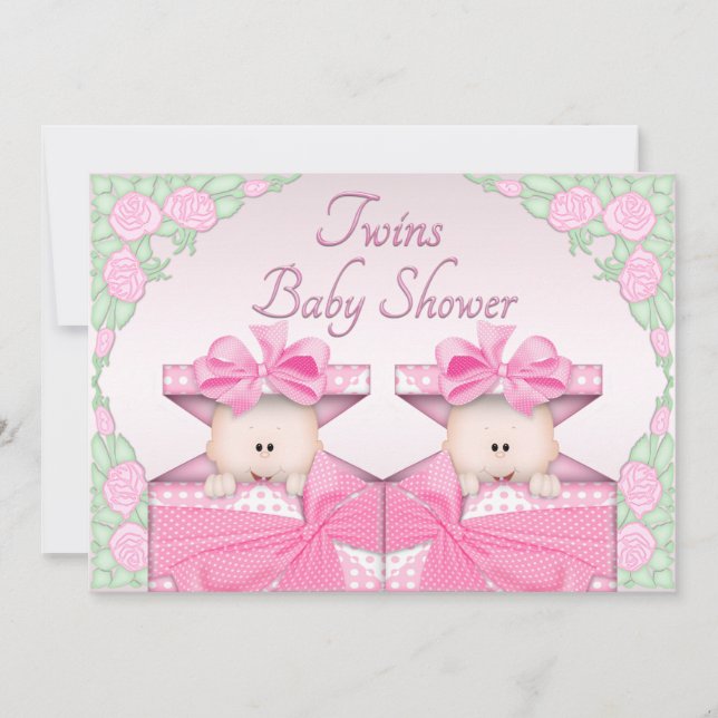 Twin Girls in Gift Box Roses Baby Shower Invitation (Front)