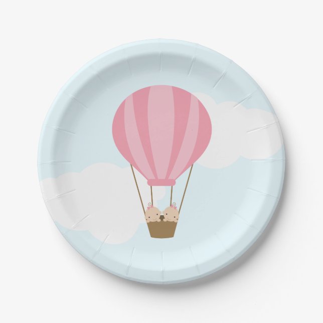 Twin Girls in Hot Air Balloon Baby Shower Paper Plate (Front)