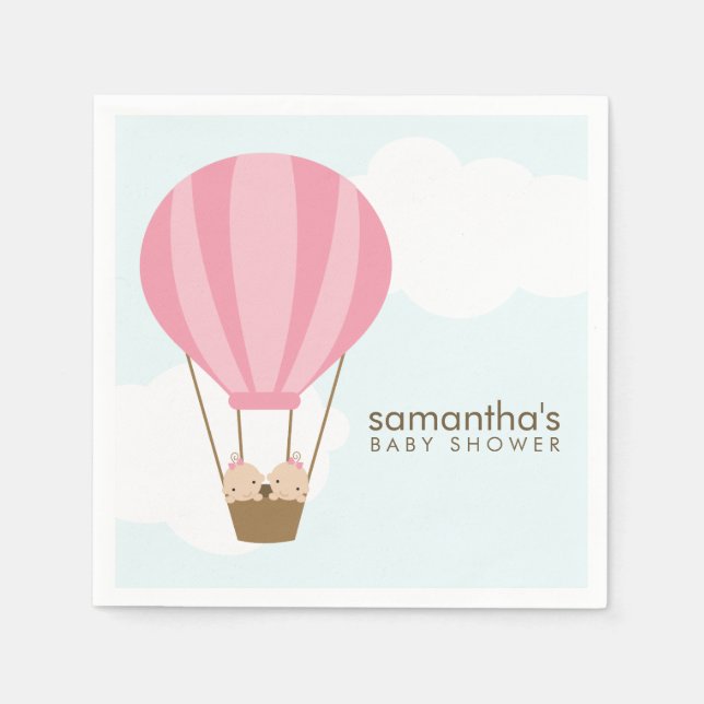 Twin Girls in Pink Hot Air Balloon Baby Shower Napkin (Front)
