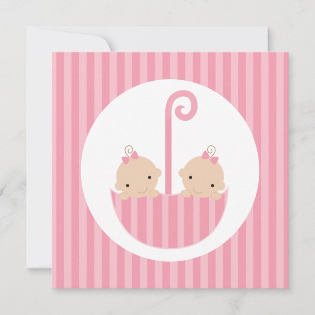Twin Girls in Pink Umbrella Invitation (Front)