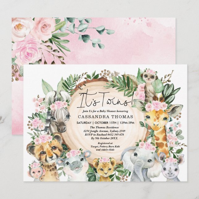 Twin Girls Jungle Safari Party Animals Baby Shower Invitation (Front/Back)