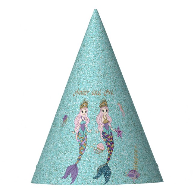 Twin Girls Mermaid Birthday Party Hats (Front)