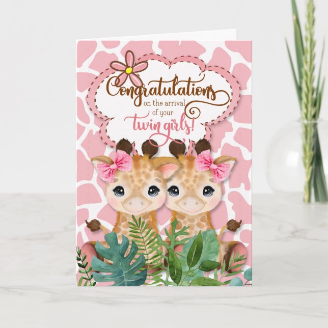 Twin Girls New Baby Jungle Theme Congratulations Card (Front)