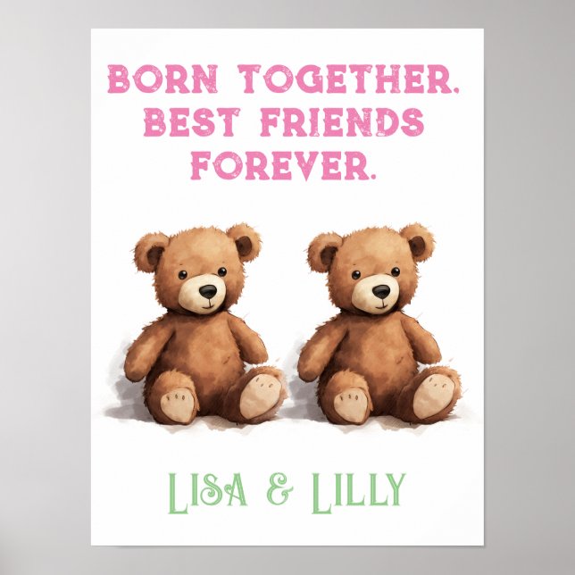 Twin Girls Nursery, Vintage Teddy Bears,  Poster (Front)