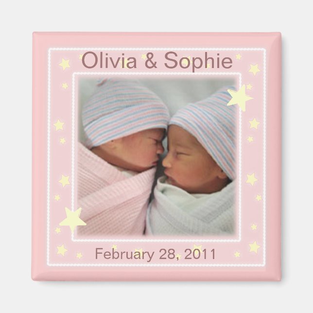 Twin Girls Photo Announcement Magnet (Front)