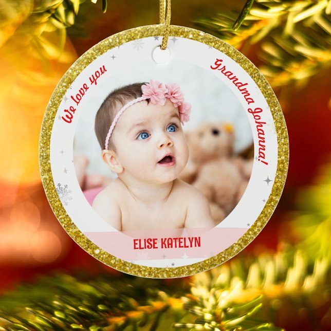 Twin Girls Photo Grandma Cute First Christmas Baby Ceramic Tree Decoration (Modern We love you, Grandma! First Christmas as Grandmother of Twin Baby Girls 2 Photos Faux Glitter)