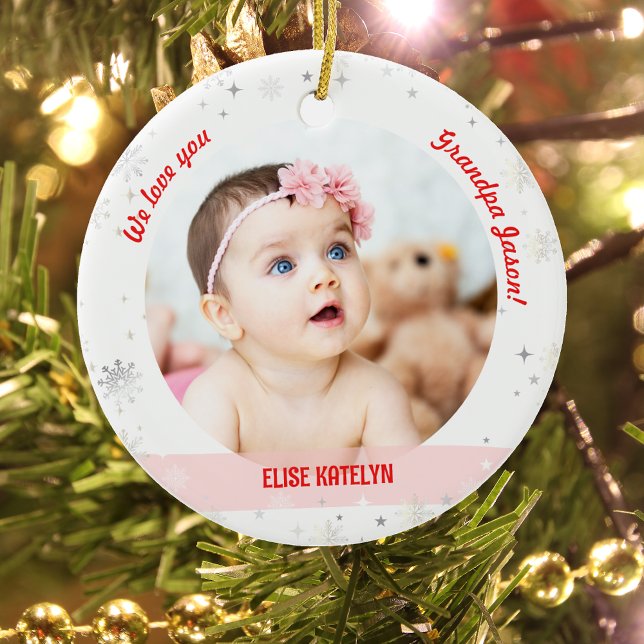 Twin Girls Photo Grandpa Cute First Christmas Baby Ceramic Tree Decoration (Modern We love you, Grandpa! First Christmas as Grandfather of Twin Baby Girls. 2 Photos. Snowflakes)