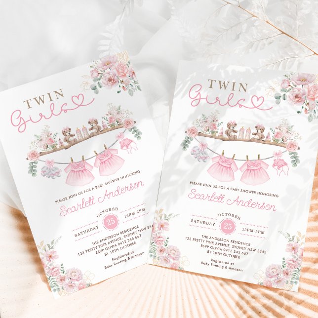 Twin Girls Pink Baby Clothes Girl Baby Shower Invitation (Creator Uploaded)