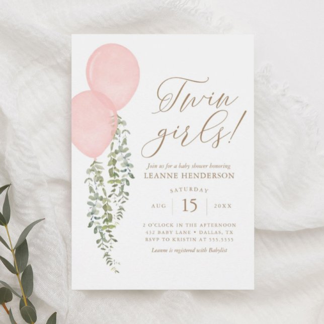 Twin Girls Pink Balloon Eucalyptus Baby Shower Invitation (Creator Uploaded)