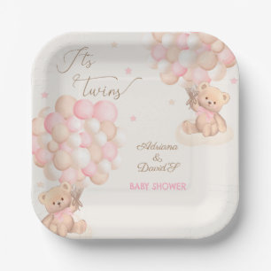 Twin Girls Pink Bear Balloons Baby Shower Paper Plate