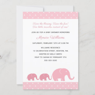 Twin Girls Pink Elephant Baby Shower Invitations