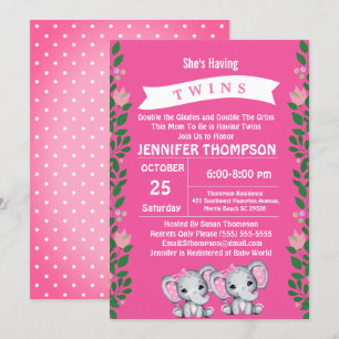 Twin Girls Pink Elephant Invitation