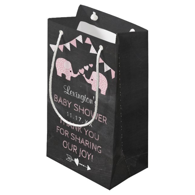 Twin Girls Pink Elephants Baby Shower Thank You Small Gift Bag (Front Angled)