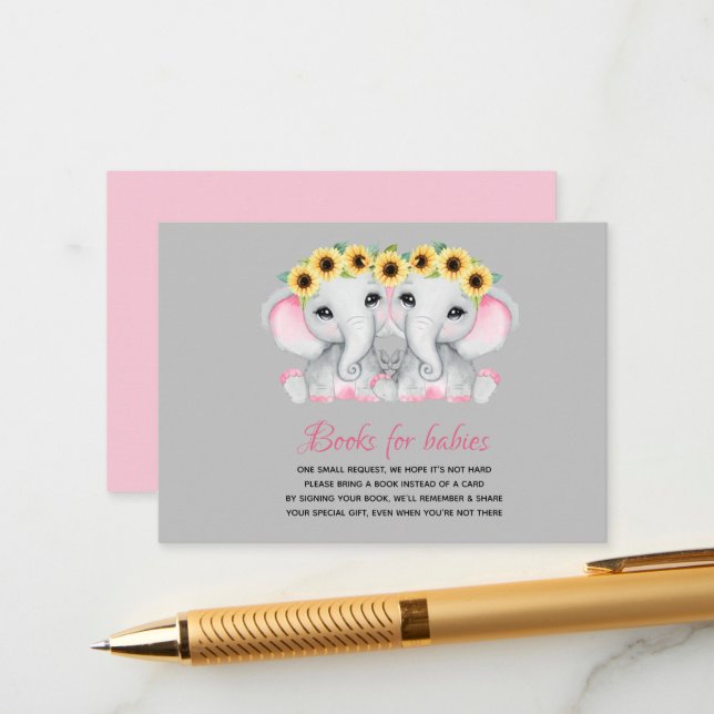 Twin girls pink elephants with sunflower wreaths enclosure card (Front/Back In Situ)