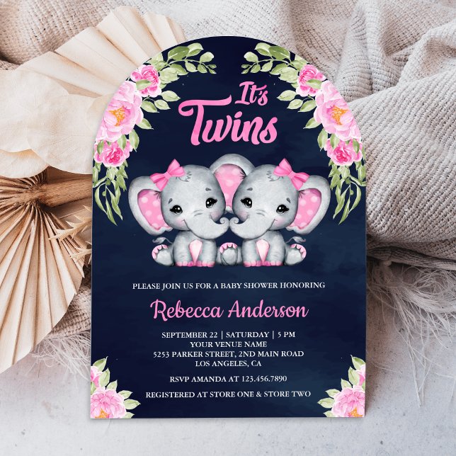 Twin Girls Pink Floral Elephant Navy Baby Shower Invitation (Creator Uploaded)