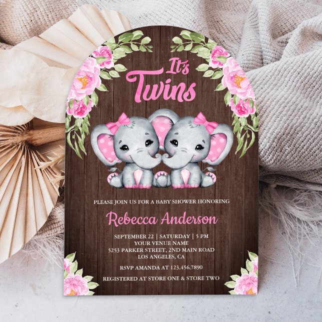 Twin Girls Pink Floral Elephant Wood Baby Shower Invitation (Creator Uploaded)