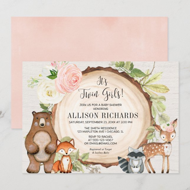 Twin girls pink floral rustic woodland baby shower invitation (Front/Back)