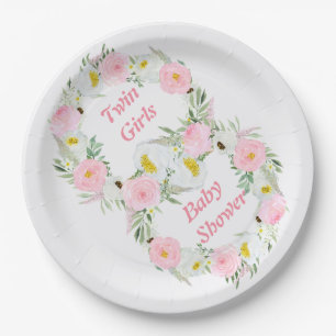 Twin Girls Pink Floral Watercolor Baby Shower Paper Plate