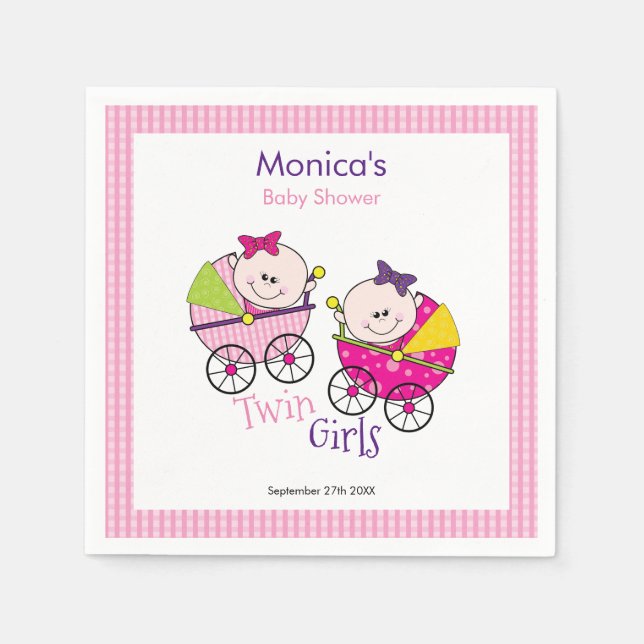 Twin Girls Pink Gingham Baby Shower Napkin (Front)