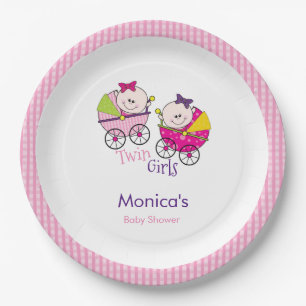 Twin Girls Pink Gingham Baby Shower Paper Plate